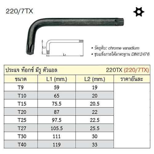 SKI - สกี จำหน่ายสินค้าหลากหลาย และคุณภาพดี | UNIOR 220/7TX ประแจท๊อกมีรู ตัวแอล T27 (220TX)